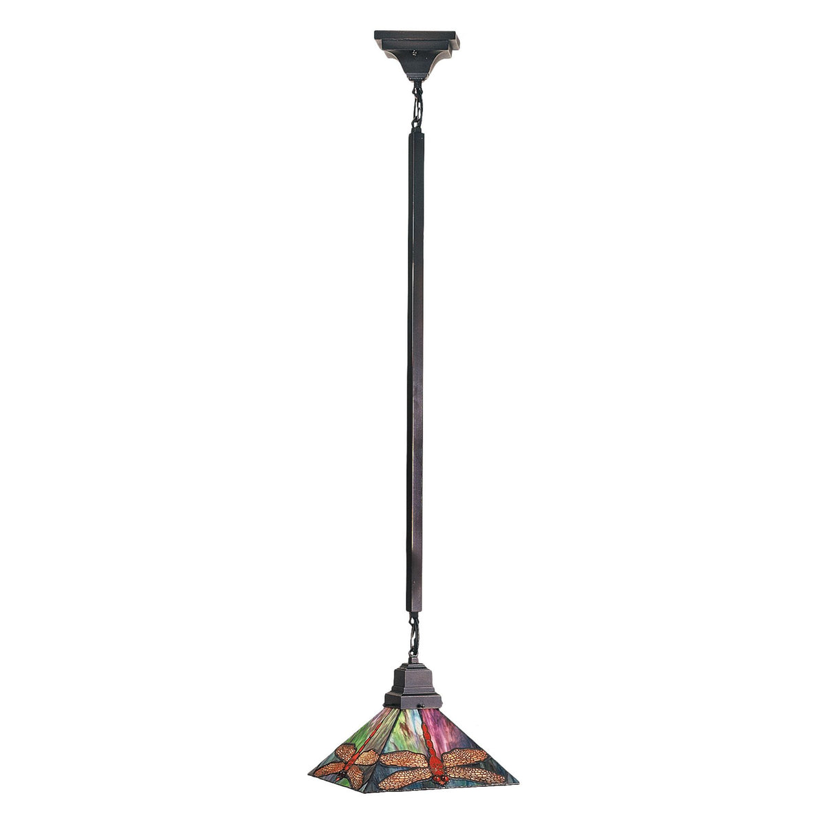 An artistic hanging light with a stained glass shade of colorful dragonflies against a hued sky.