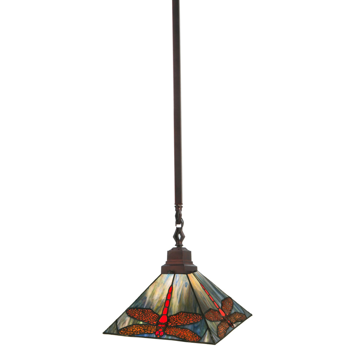 Prairie Dragonfly Pendant light with scarlet dragonflies and ruby eyes on vibrant glass.