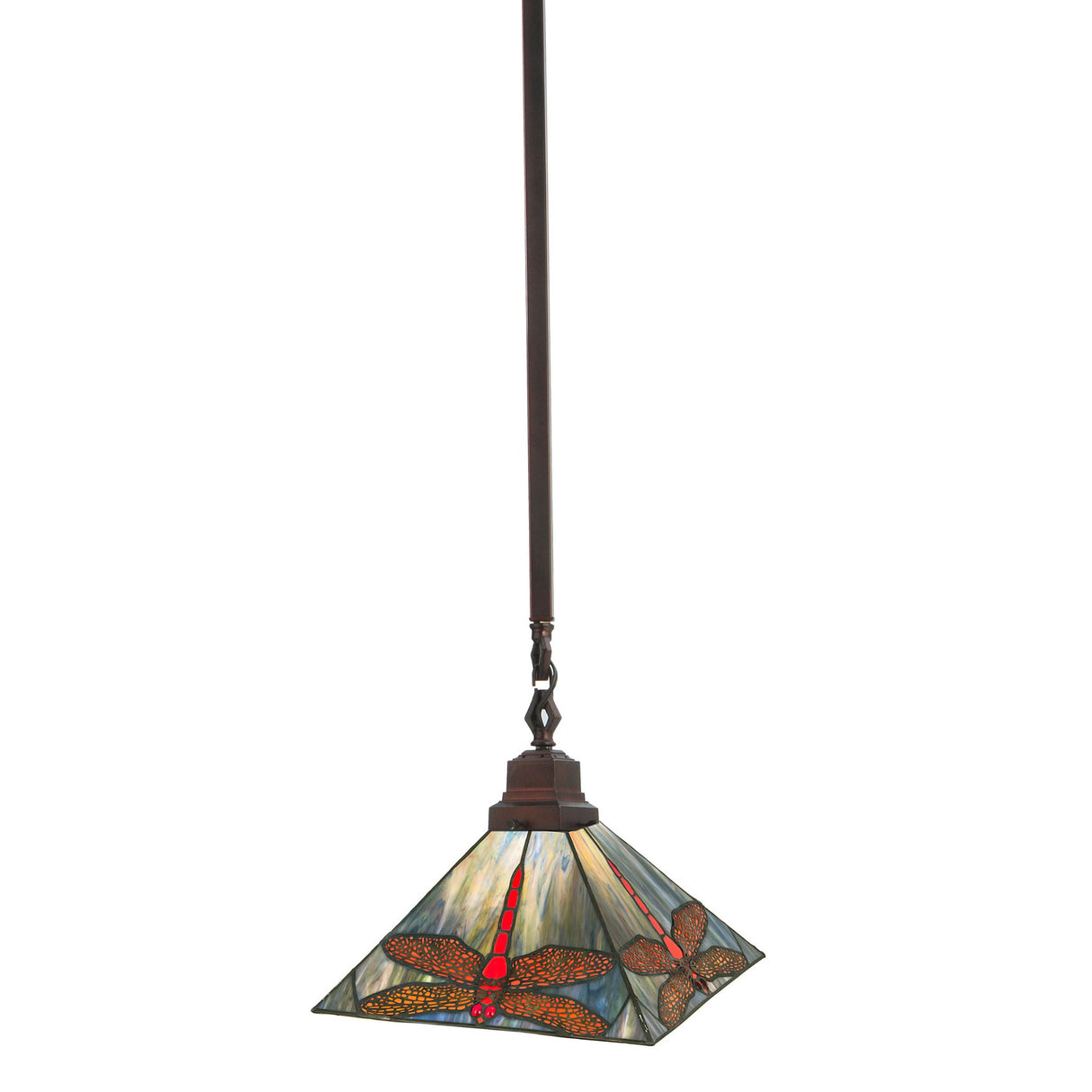 Stunning 10" square pendant light with a vibrant handcrafted dragonfly design.