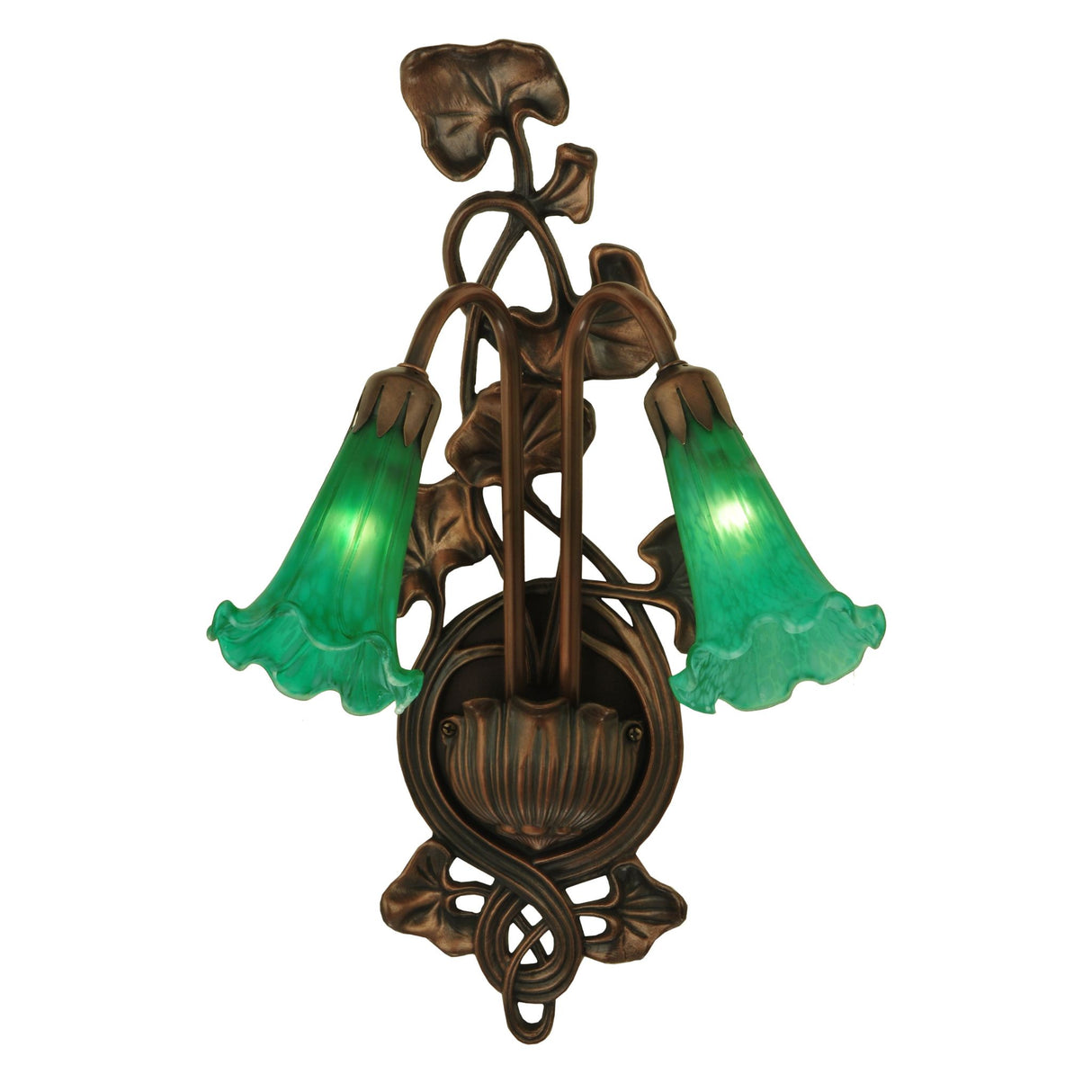 Decorative green glass pond lily sconce with intricate bronze details.
