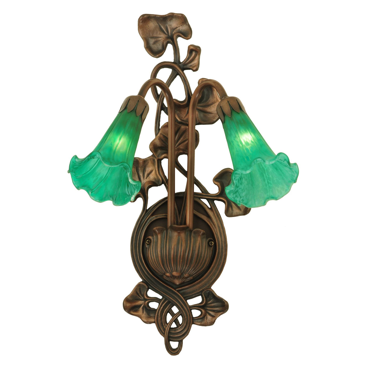Front view of green pond lily wall sconce.