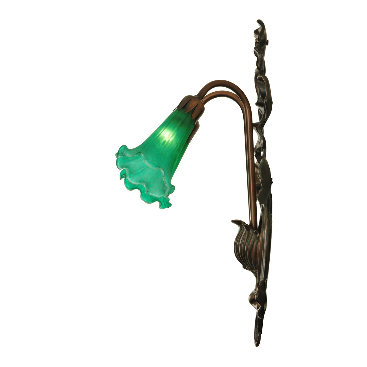 Side view of pond lily wall sconce with two green glass shades.