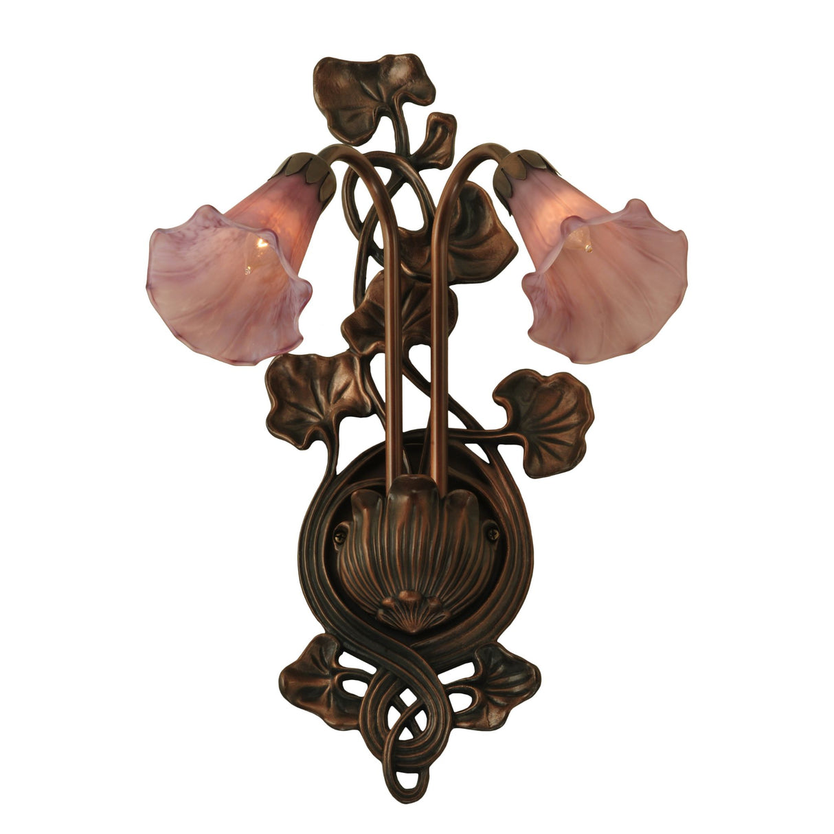 Angle view of lavender pond lily wall sconce.