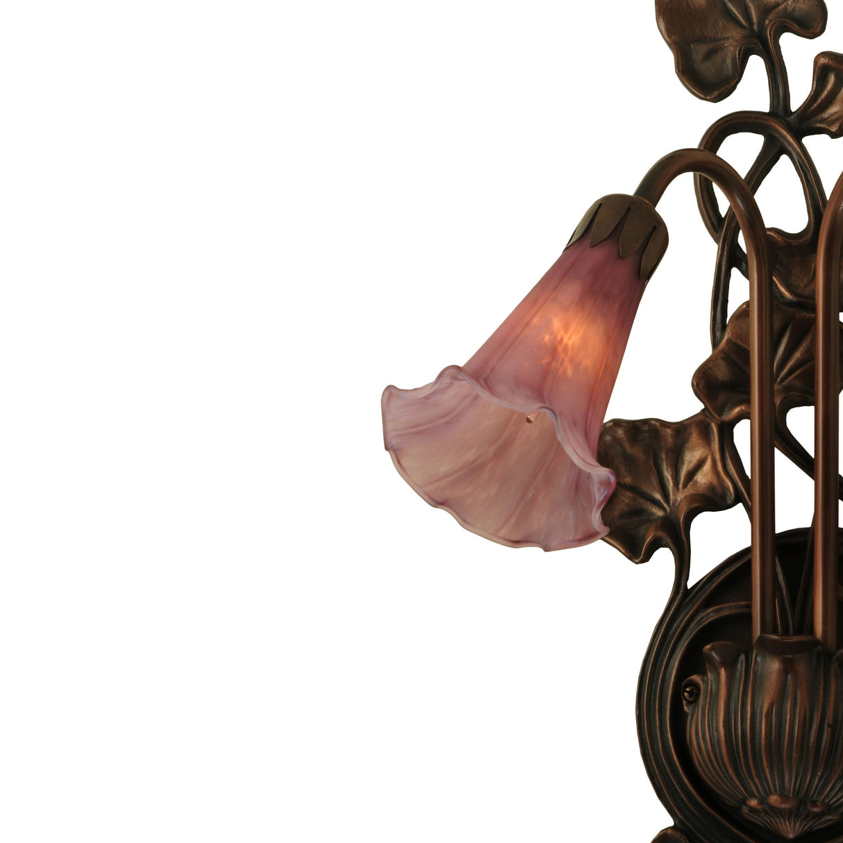 Close-up of lavender glass shade on pond lily wall sconce.