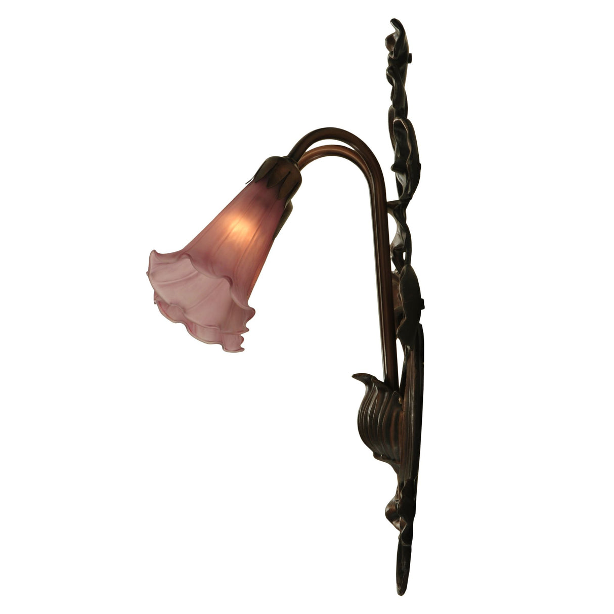 Side view of pond lily wall sconce with two lavender glass shades.