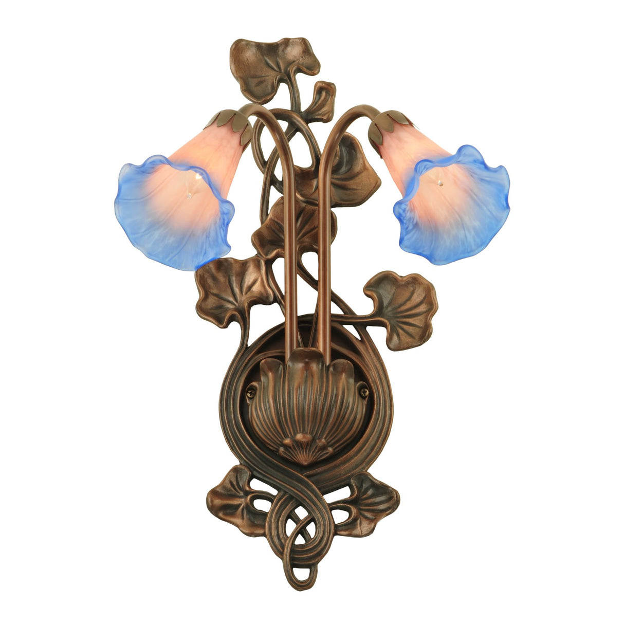 Angle view of pink and blue pond lily wall sconce.
