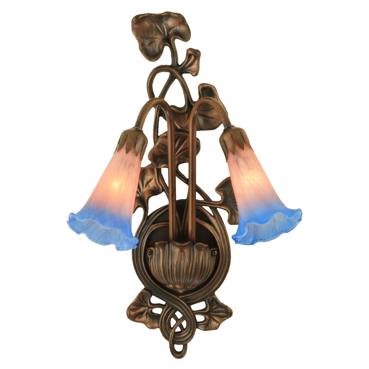 Decorative pink and blue glass pond lily sconce with intricate bronze details.