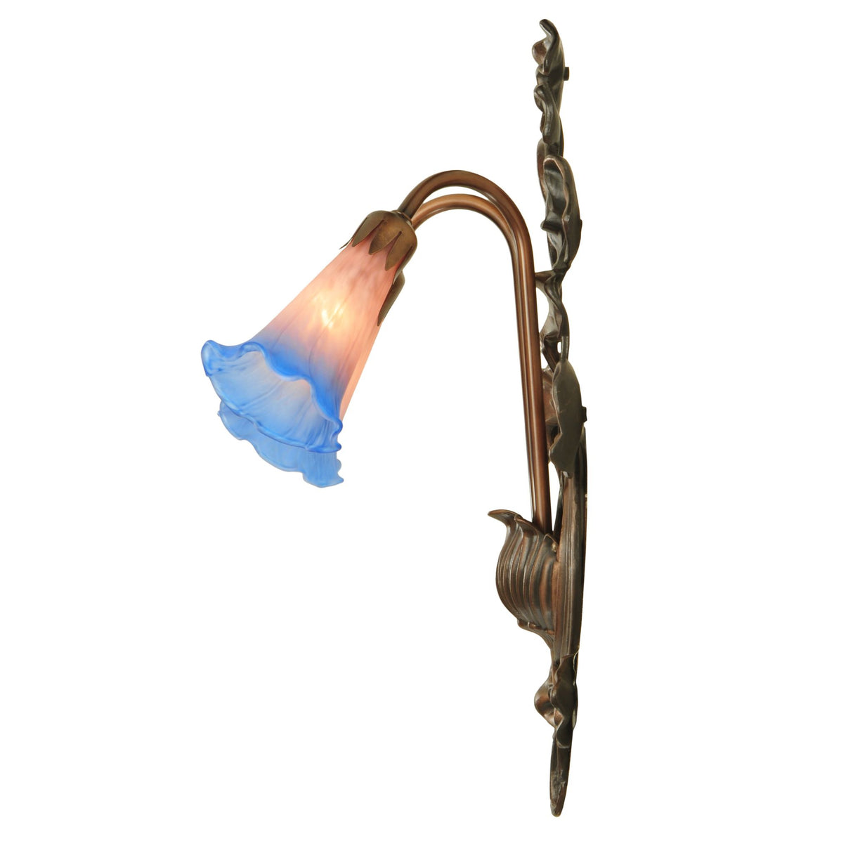 Side view of pond lily wall sconce with two pink and blue glass shades.