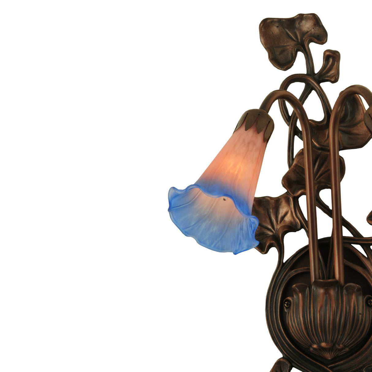 Side view of pond lily wall sconce with two pink and blue glass shades.