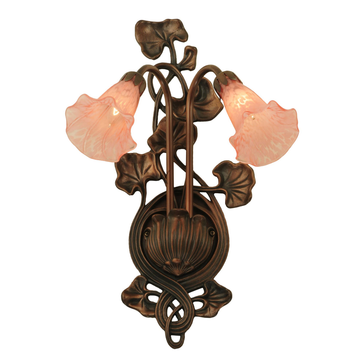 Angle view of pink pond lily wall sconce.