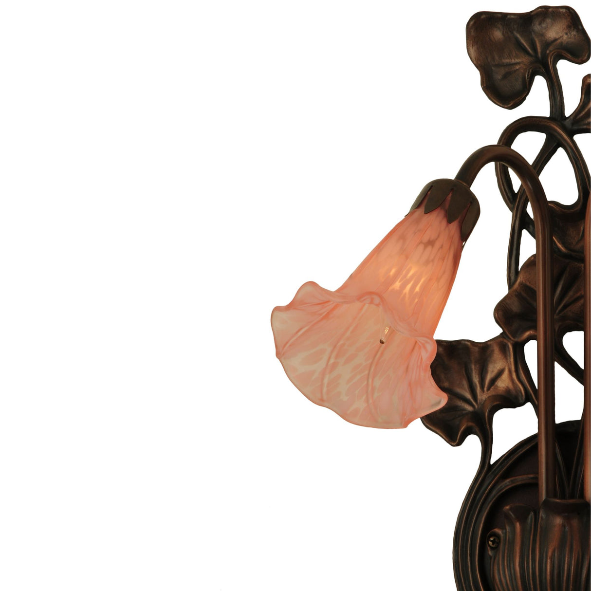 Side view of pond lily wall sconce with two pink glass shades.