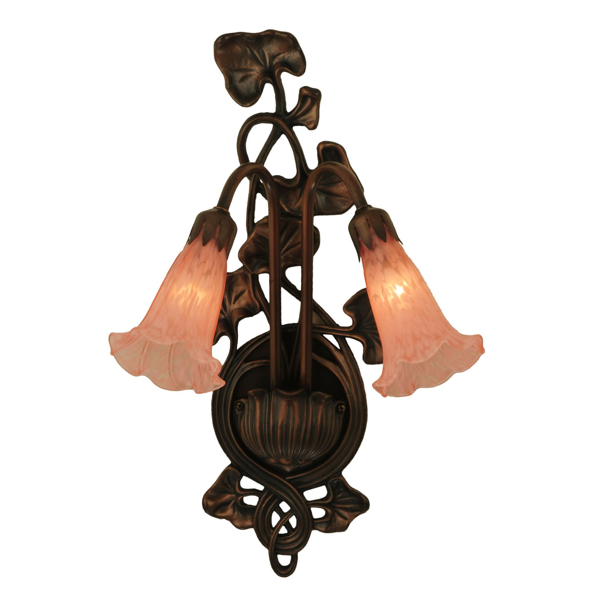 Decorative pink glass pond lily sconce with intricate bronze details.