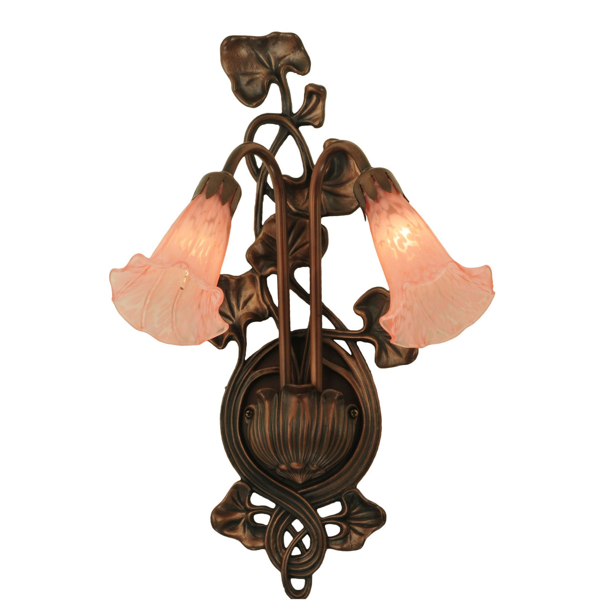 Front view of pink pond lily wall sconce.
