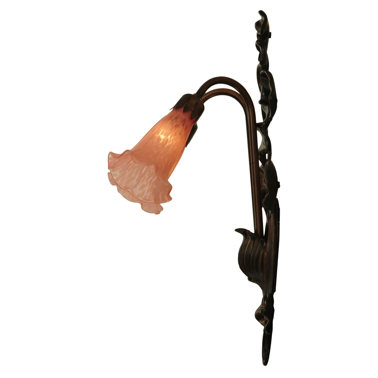 Side view of pond lily wall sconce with two pink glass shades.