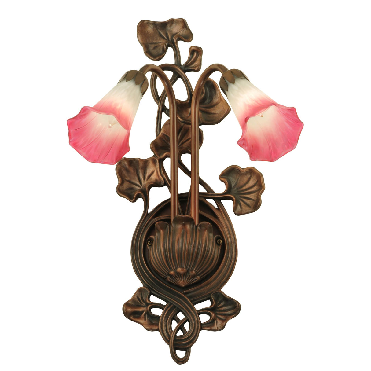 Angle view of pink and white pond lily wall sconce.