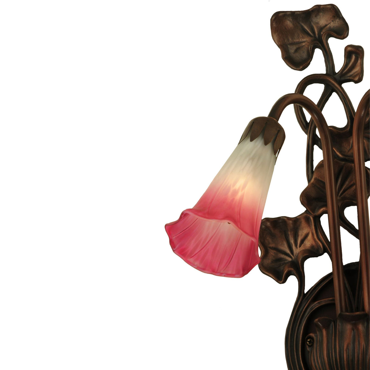 Close-up of pink and white glass shade on pond lily wall sconce.