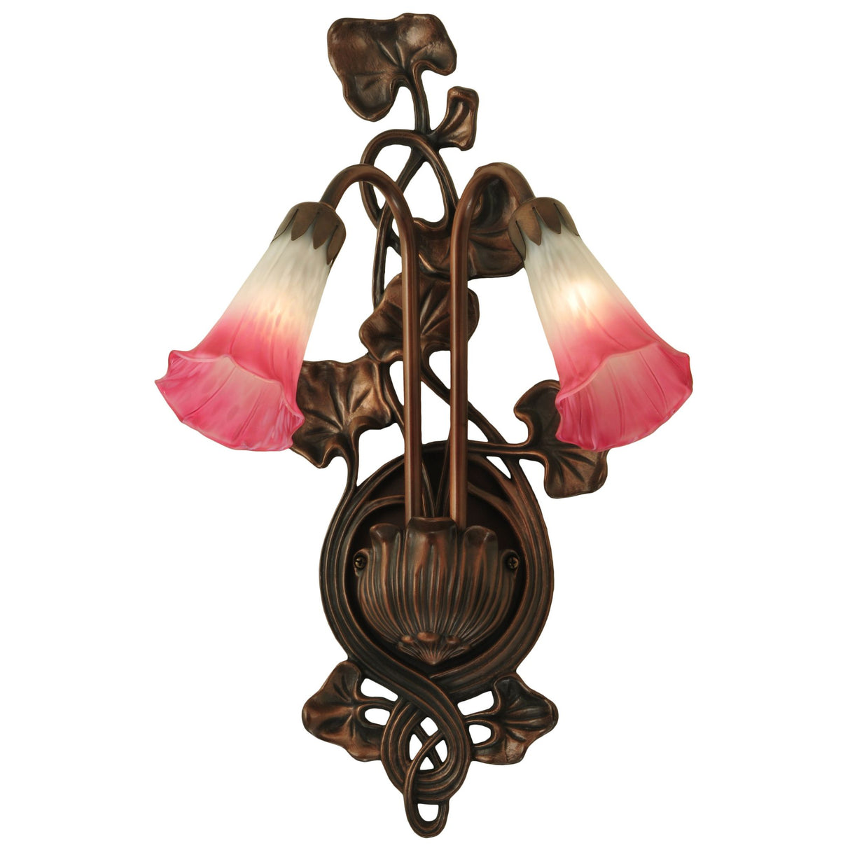 Front view of pink and white pond lily wall sconce.