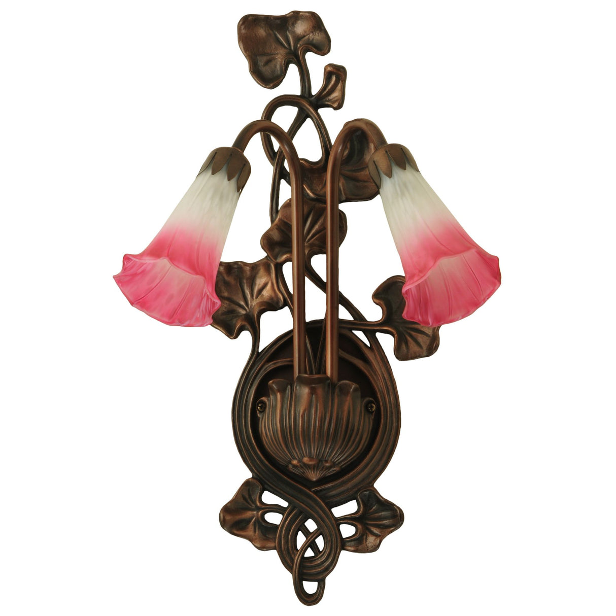 Full view of pink and white pond lily wall sconce.