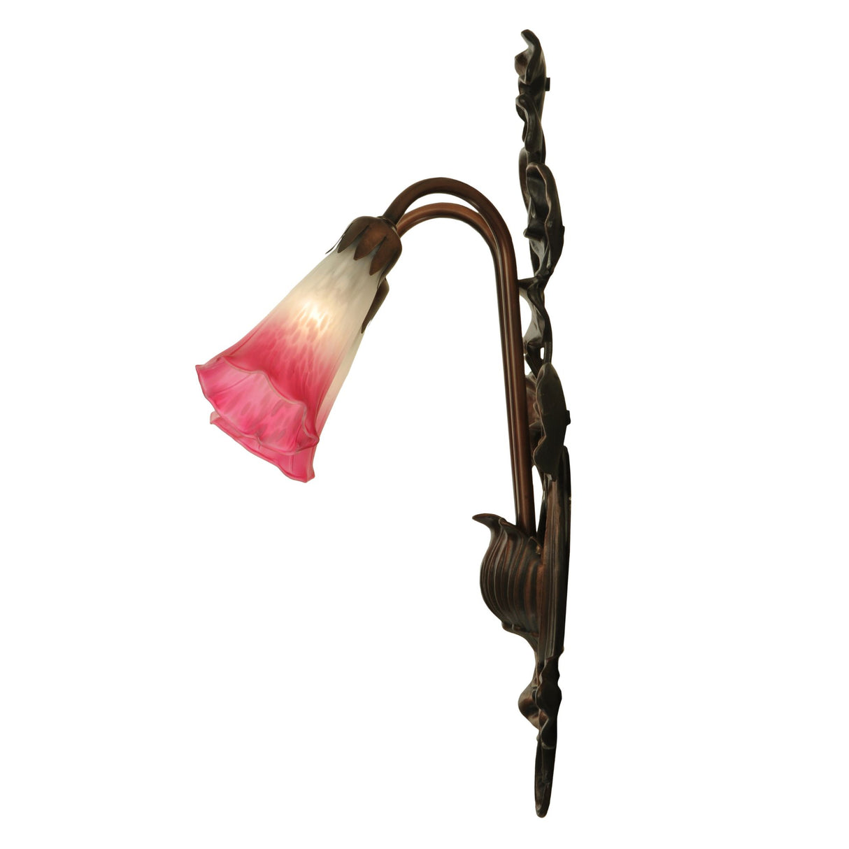 Side view of pond lily wall sconce with two pink and white glass shades.