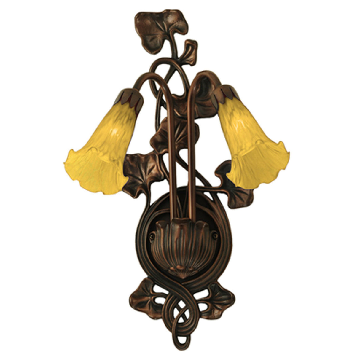11" wide Amber Tiffany Pond Lily wall sconce in Art Nouveau style, with yellow flowers and two light sources.