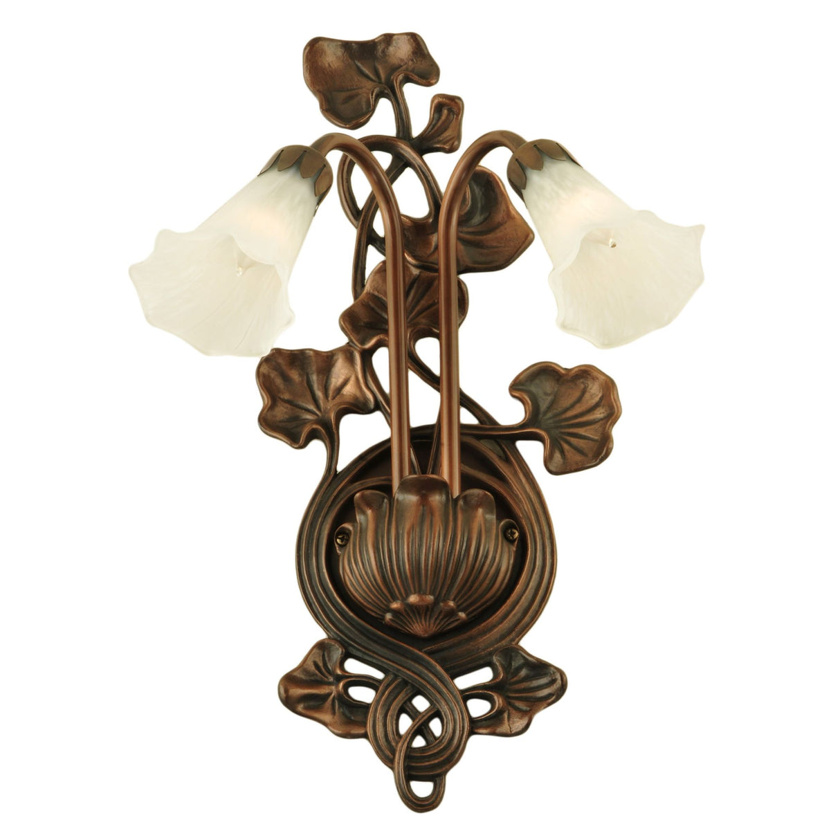 Angled view of white pond lily glass shade on wall sconce.