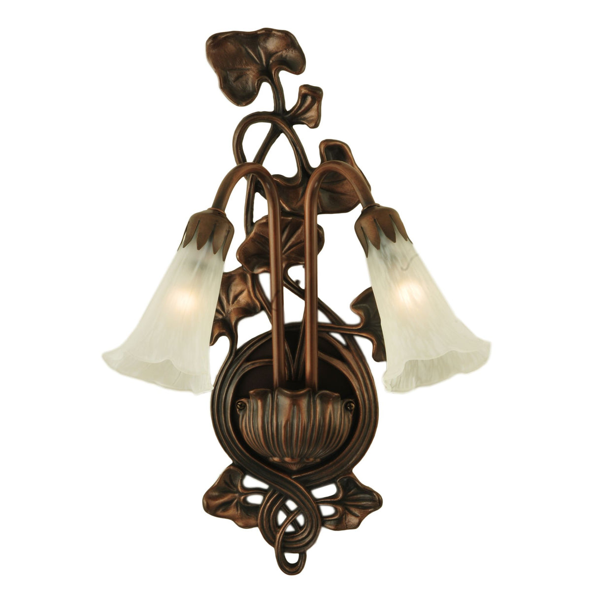 Dual white pond lily shades illuminated on the wall sconce.