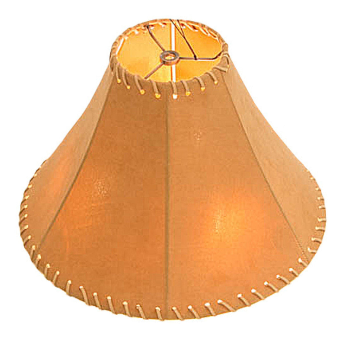 Angled view of tan hexagon shade in faux leather.