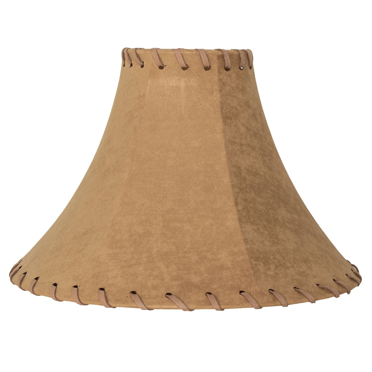 Detailed side view of the tan faux leather shade.