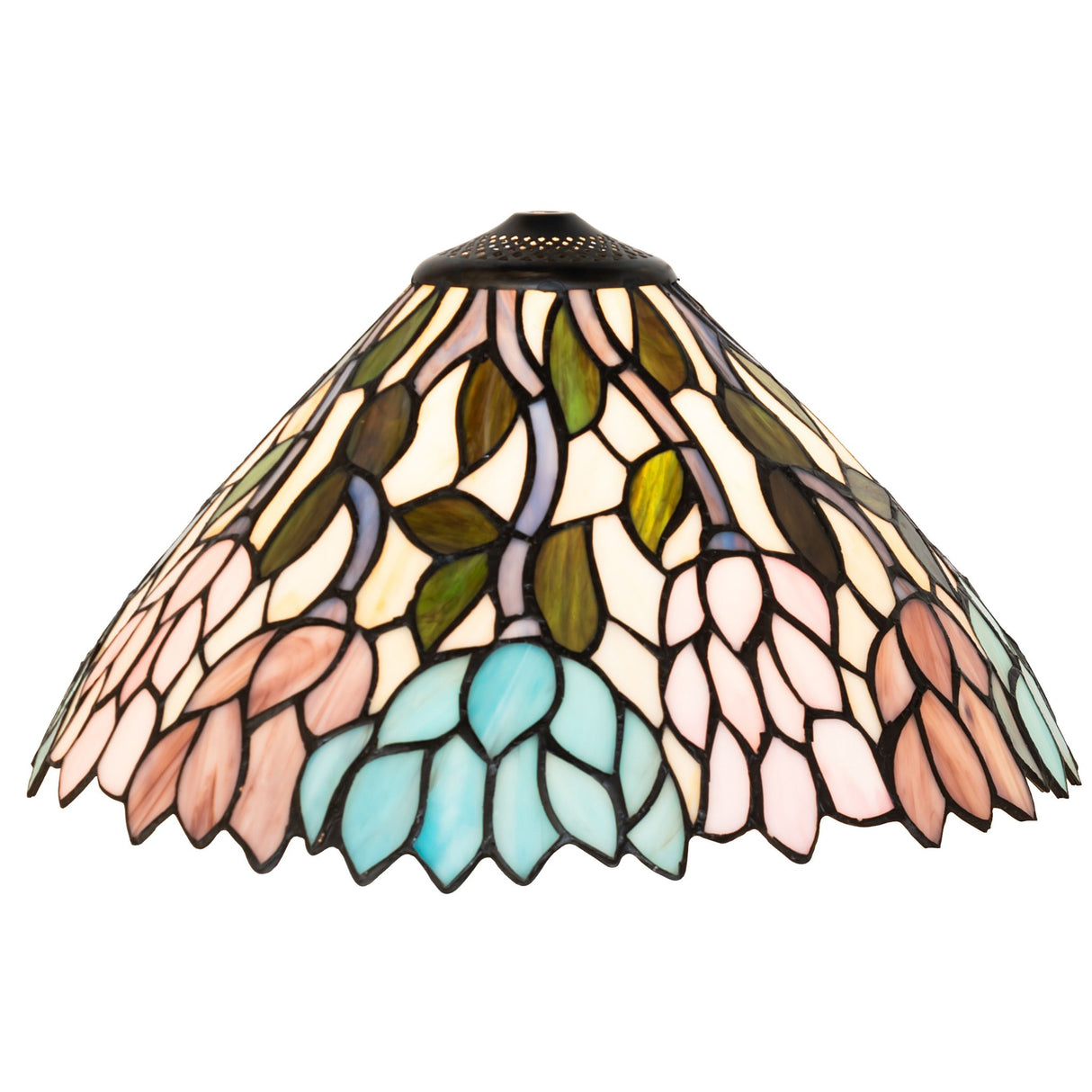 Front view of the Wisteria shade with colorful stained glass petals.