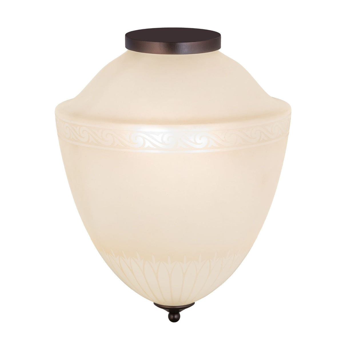 Angled view of Ovum Aquinum flushmount with soft white glow.