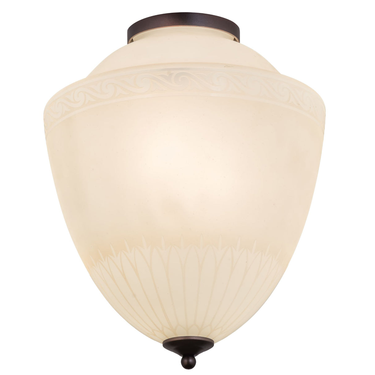 Front view of Ovum Aquinum flushmount with etched glass design.