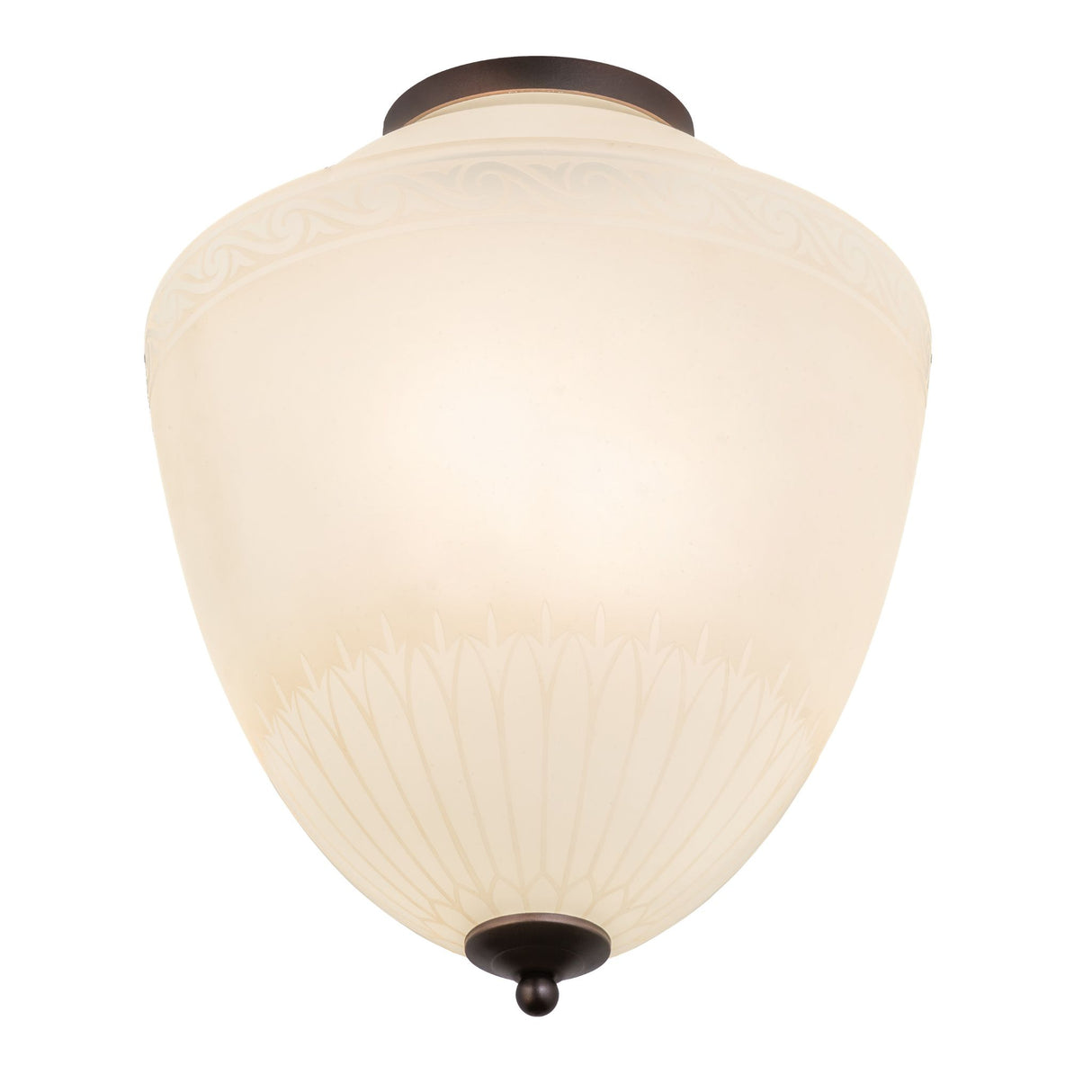 Illuminated top view of Ovum Aquinum flushmount for ceiling design.