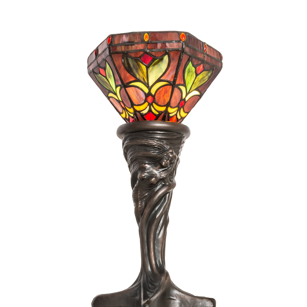Full view of the 15-inch Middleton mini lamp with vibrant stained glass and bronze base.