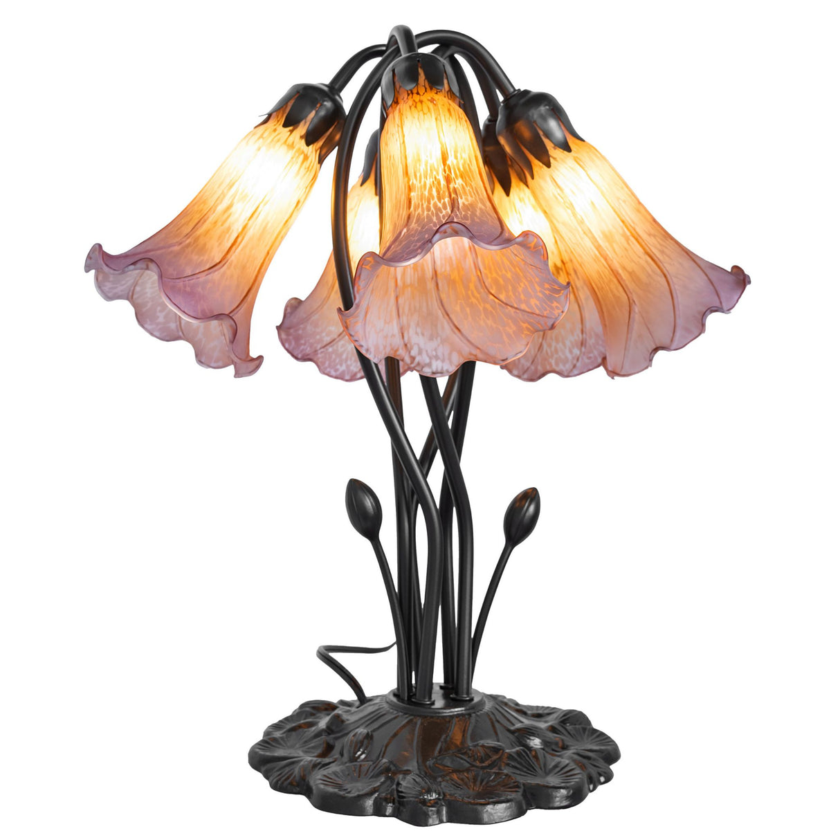 Artistic display of amber and purple glass shades on the pond lily lamp.