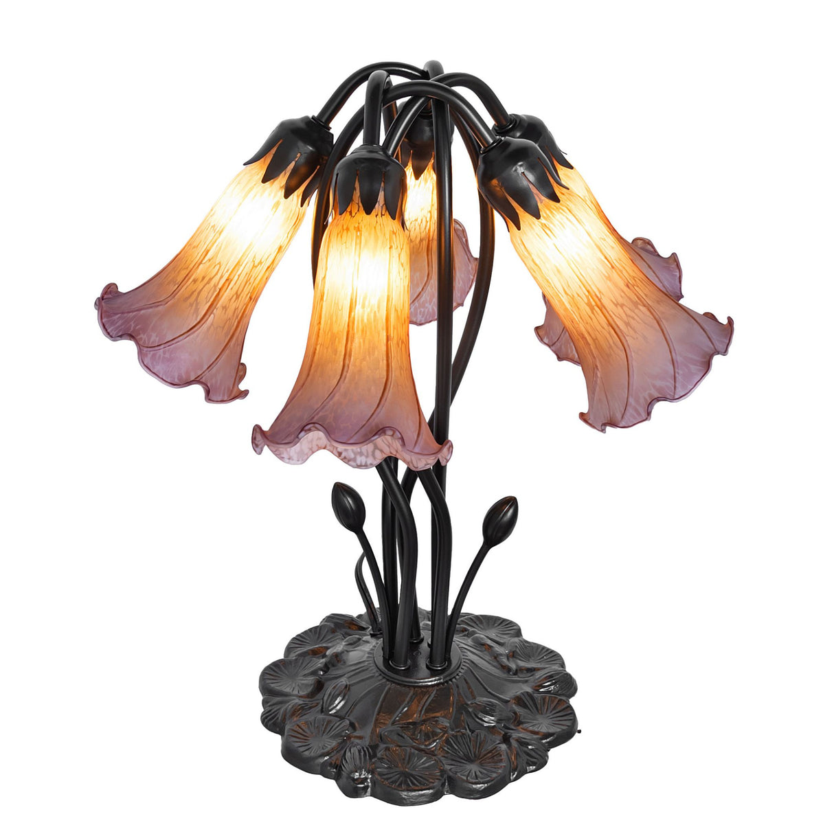 Amber and purple tiffany pond lily lamp with glowing glass shades and intricate base design.