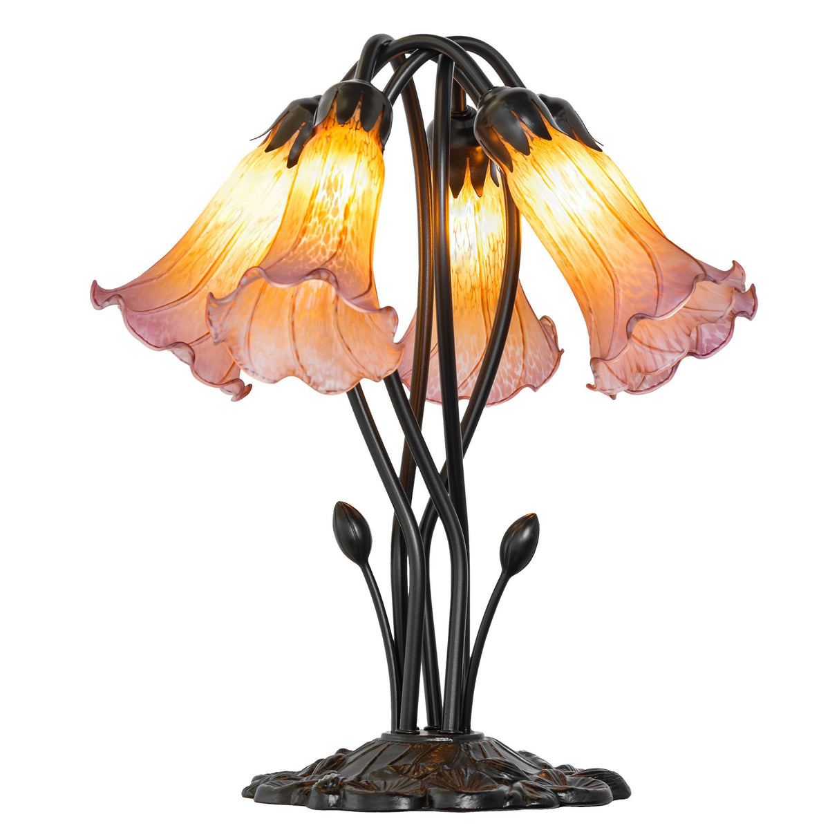 Amber and purple tiffany pond lily lamp with five glowing lights.