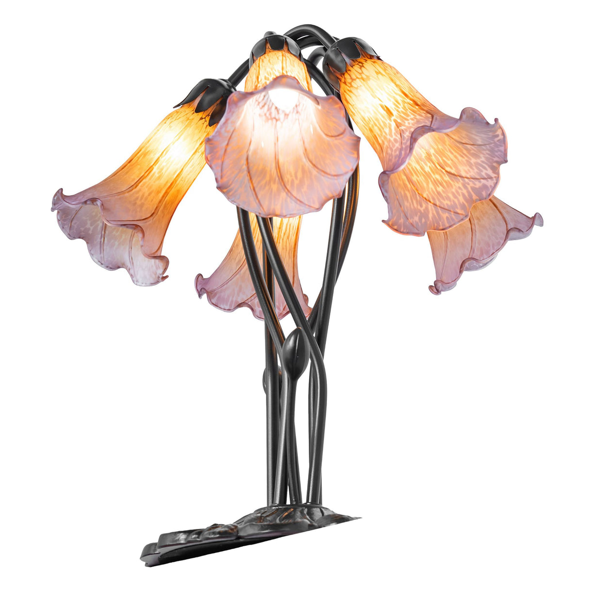 Overhead view of amber and purple pond lily table lamp with intricate base.