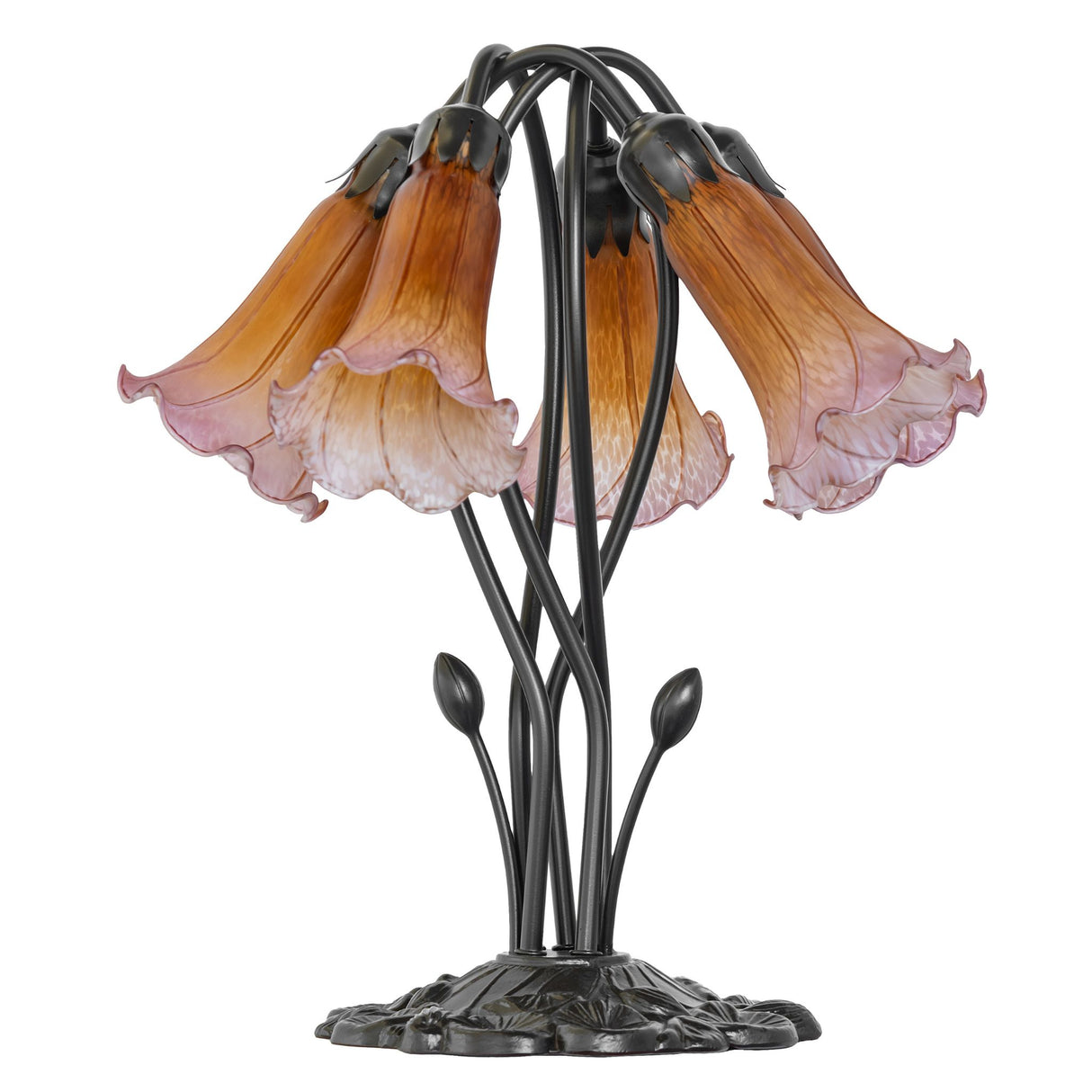 Side view of amber and purple pond lily lamp showcasing curved stems.