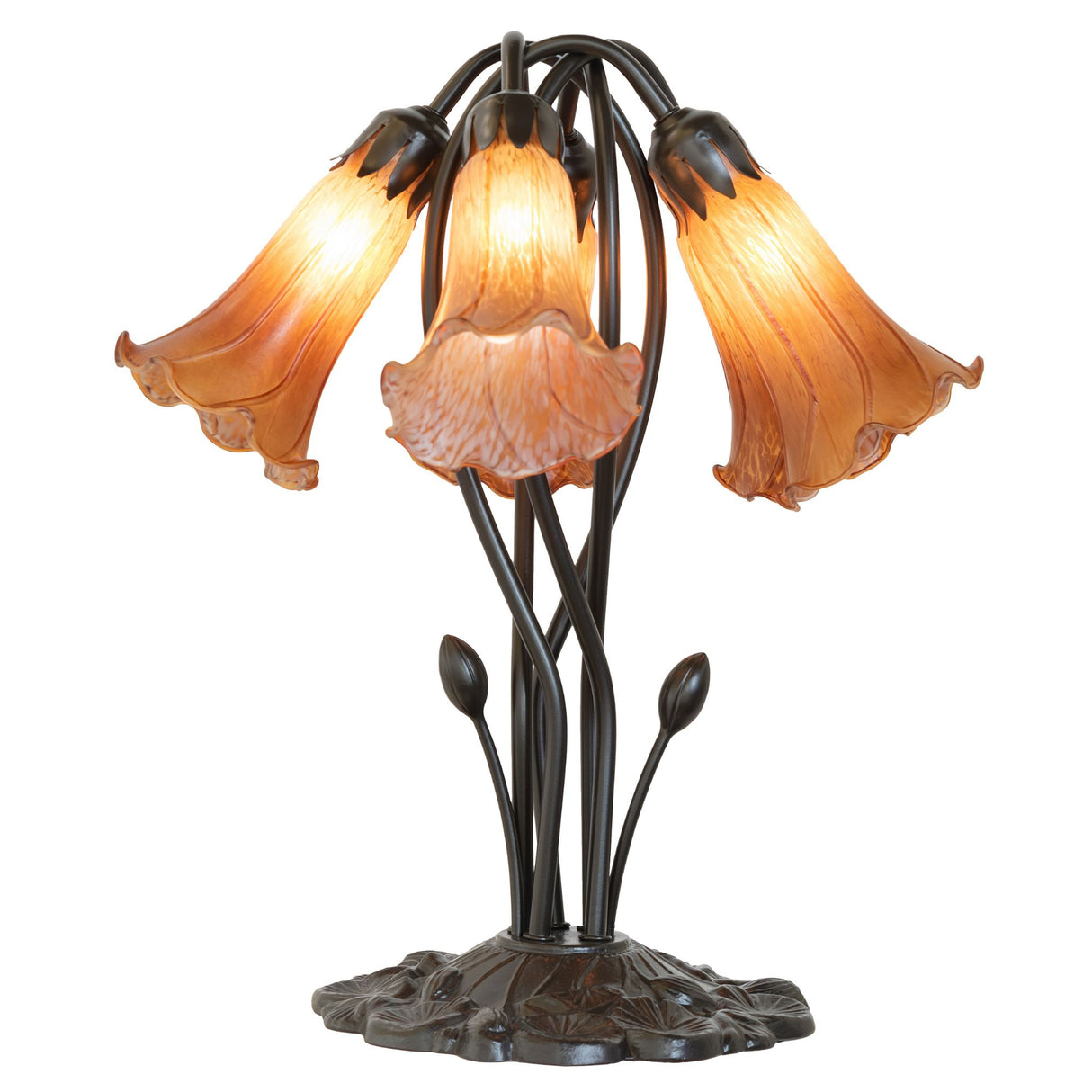 Artistic display of amber glass shades on the pond lily lamp.