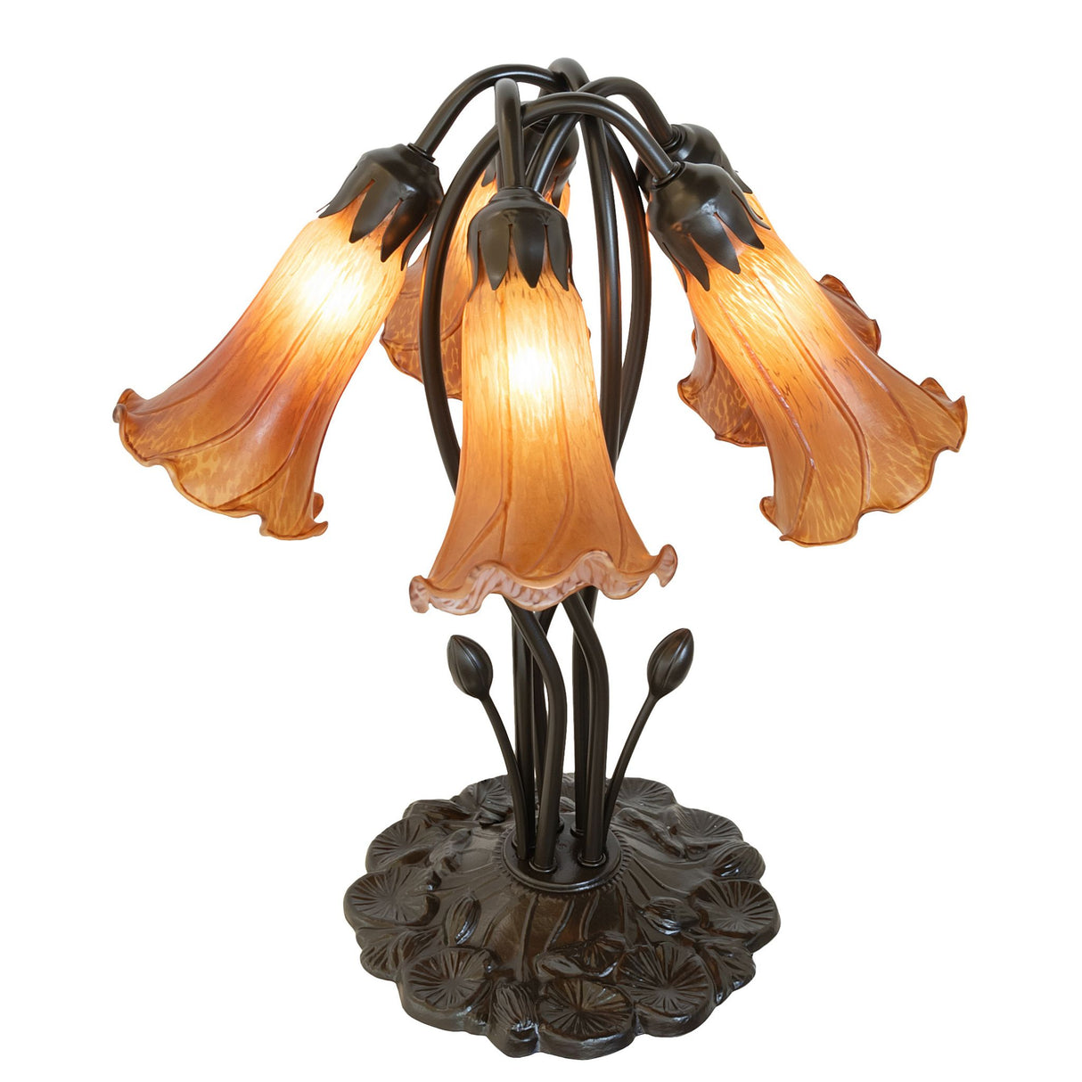 Amber tiffany pond lily lamp with glowing glass shades and intricate base design.