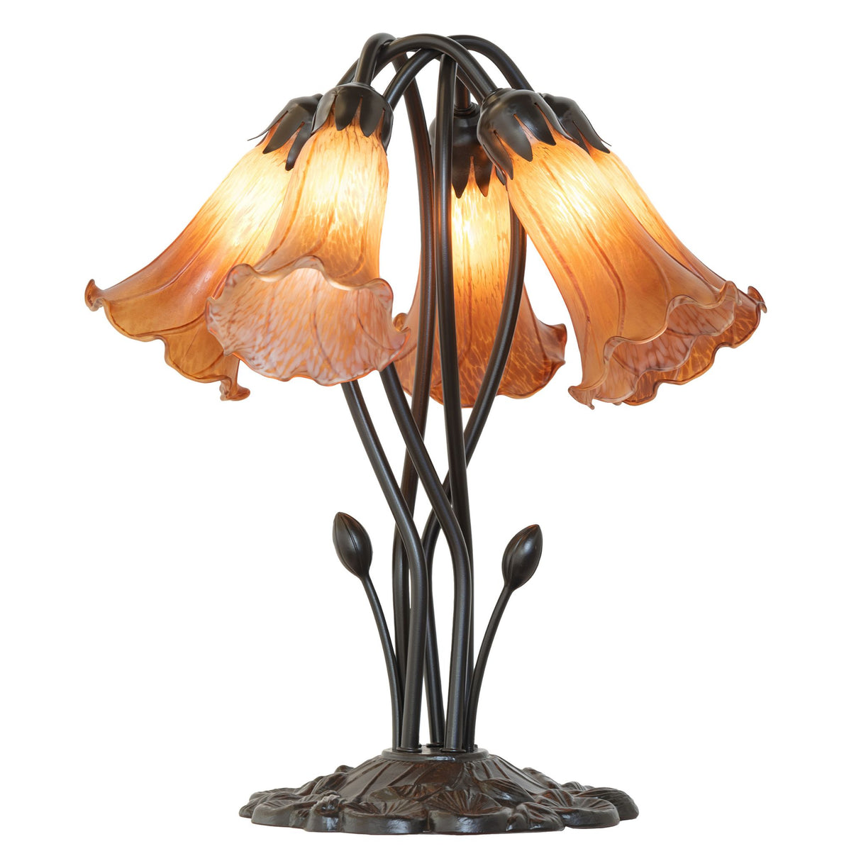Amber tiffany pond lily lamp with five glowing lights.