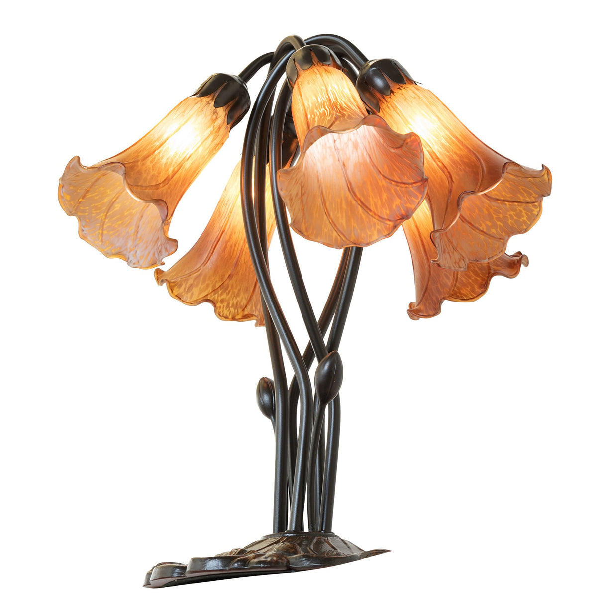 Overhead view of amber pond lily table lamp with intricate base.
