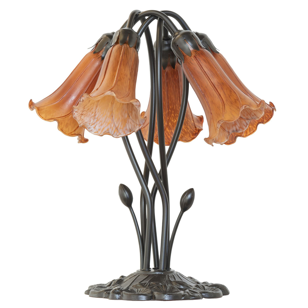Side view of amber pond lily lamp showcasing curved stems.