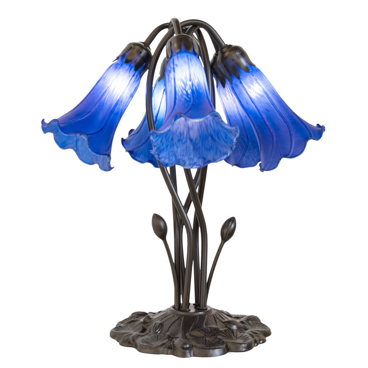 Artistic display of blue glass shades on the pond lily lamp.