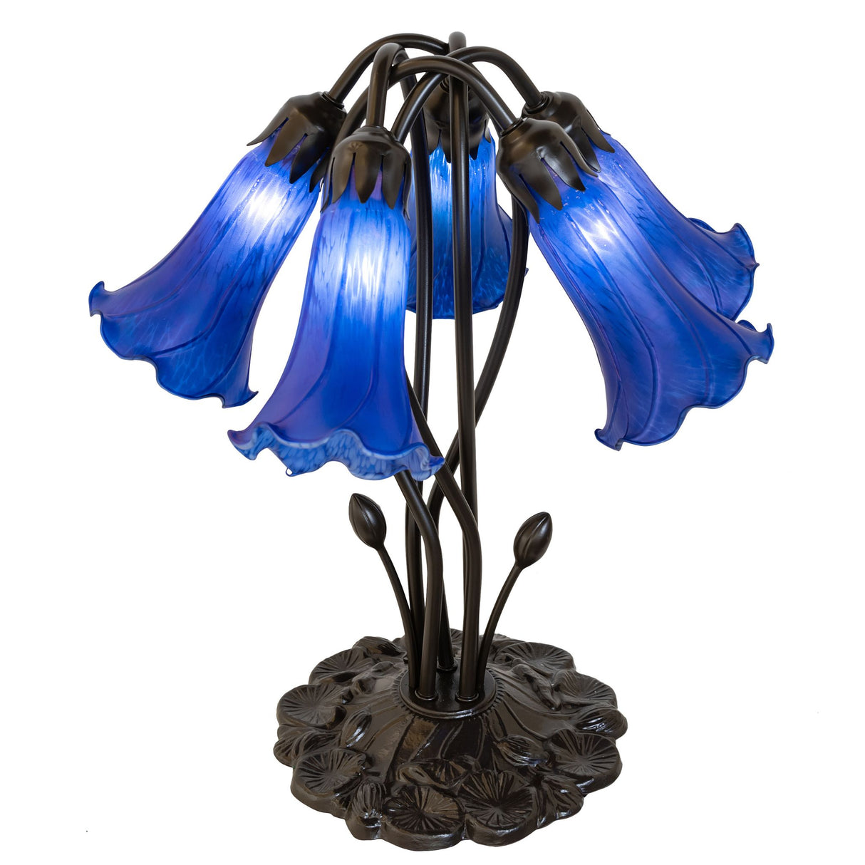 Blue tiffany pond lily lamp with glowing glass shades and intricate base design.