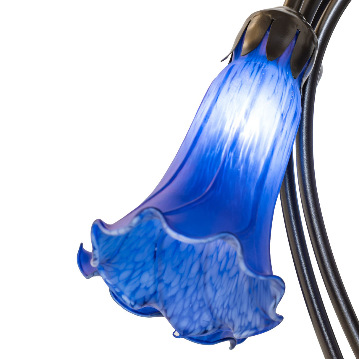 Detailed design of blue glass shades on tiffany lamp.