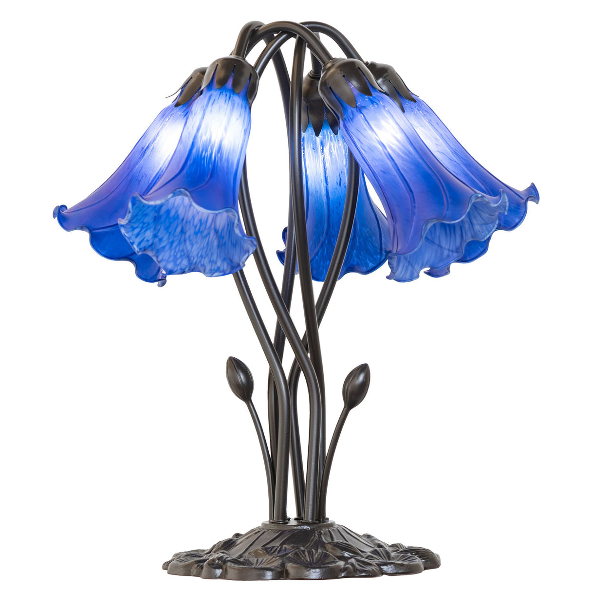 blue tiffany pond lily lamp with five glowing lights.