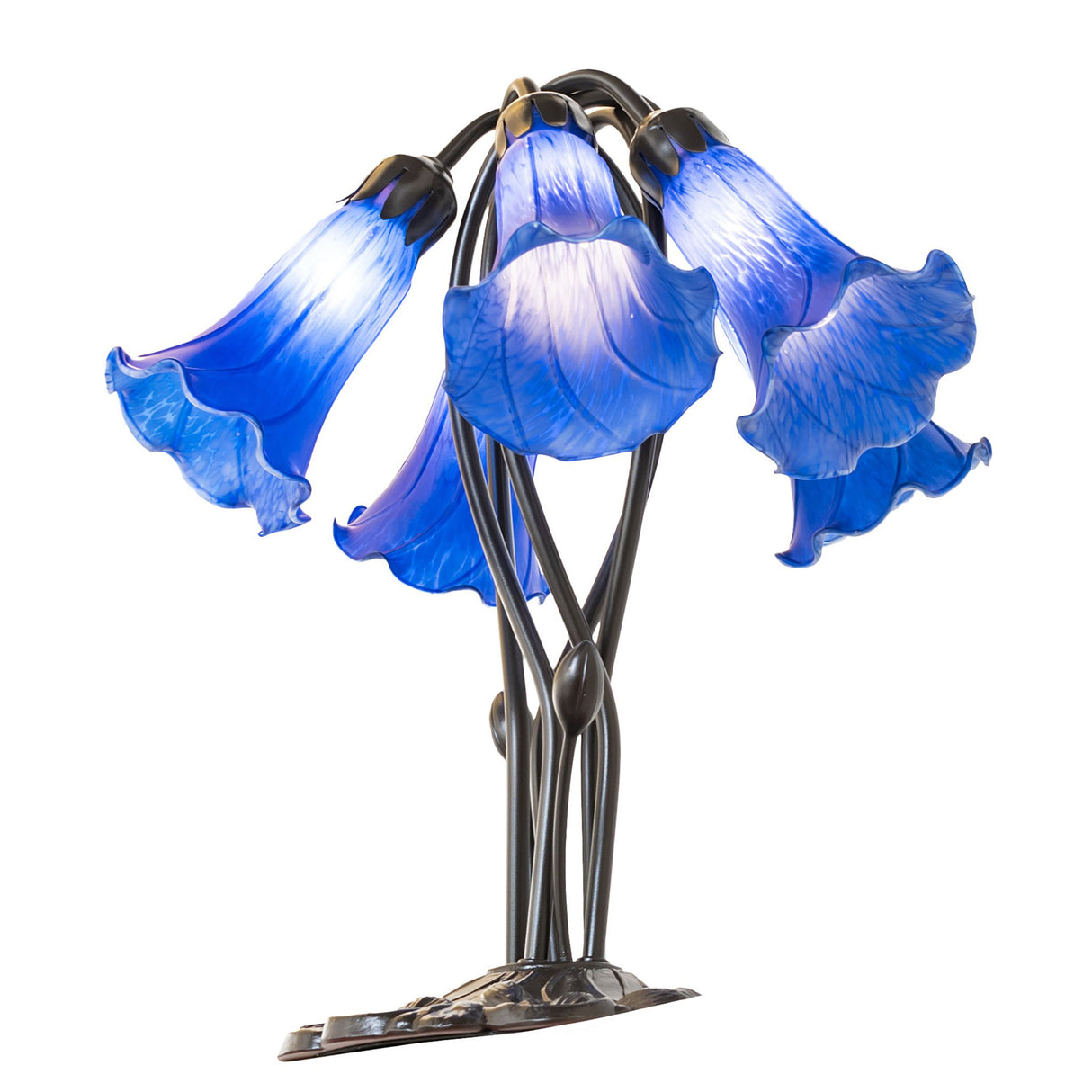 Overhead angle of blue tiffany pond lily table lamp.