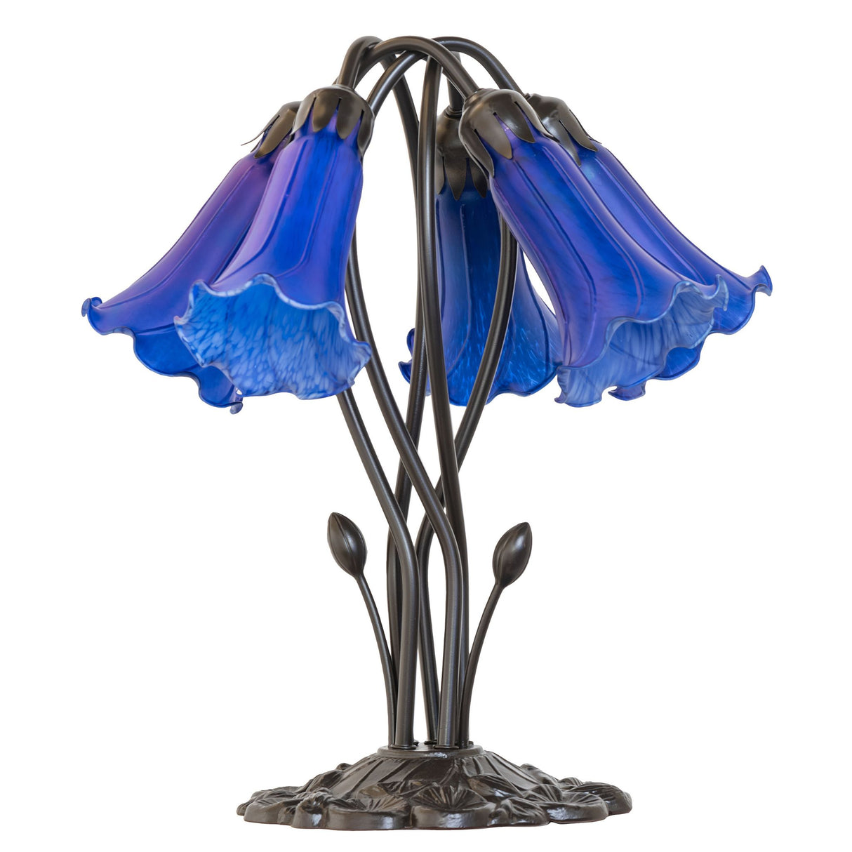 Side view of blue pond lily lamp showcasing curved stems.