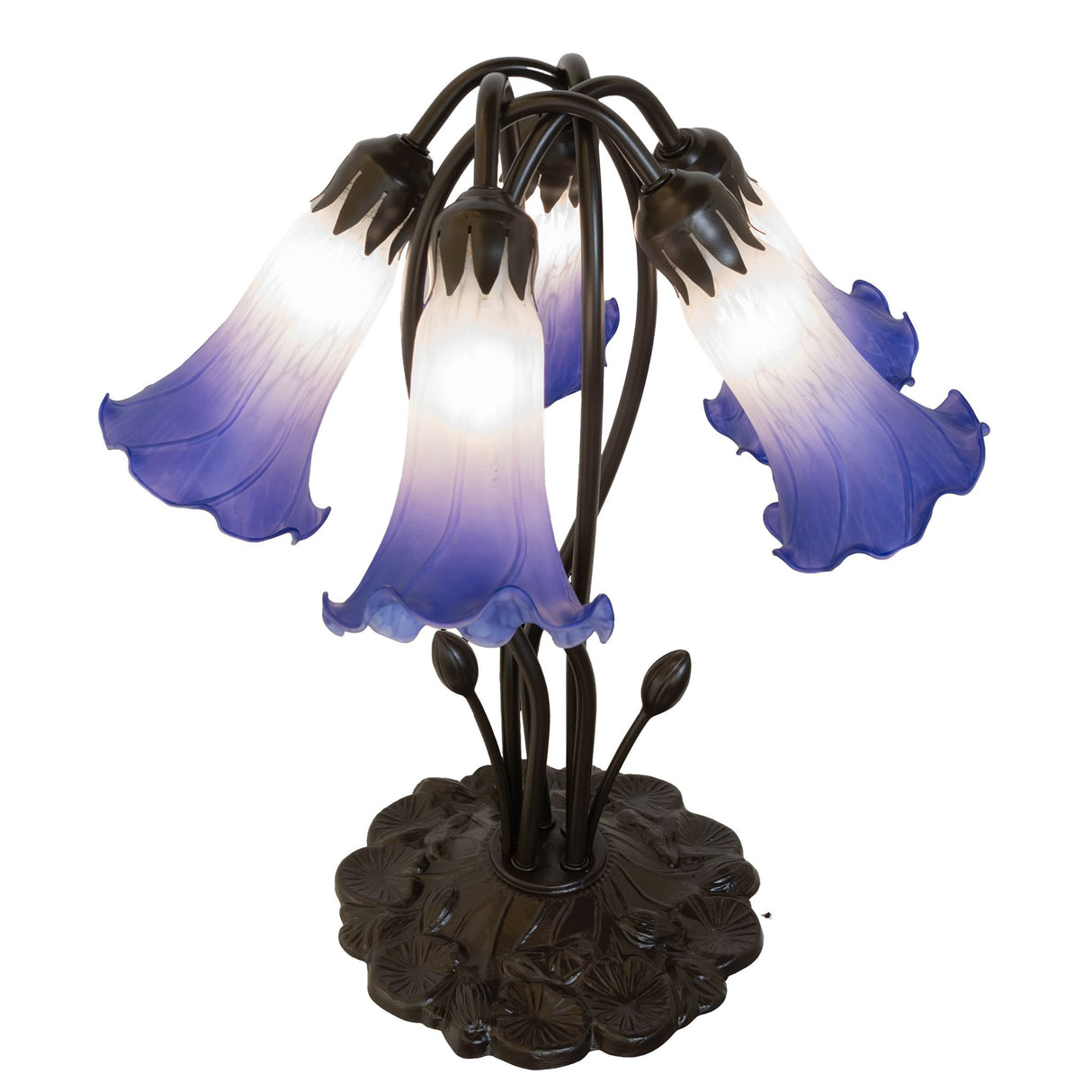 Close-up of vibrant blue and white glass petals on the tiffany lamp.